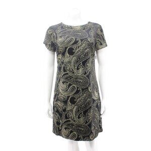 NWT Calvin Klein Black Gold Lurex Paisley Velvet Short Sleeve Shift Dress Size 8